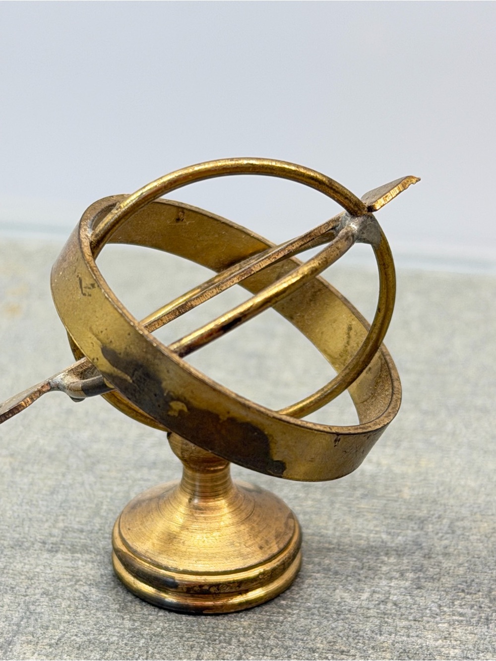 Miniature globe sundial with arrow made of brass / Collectible figure